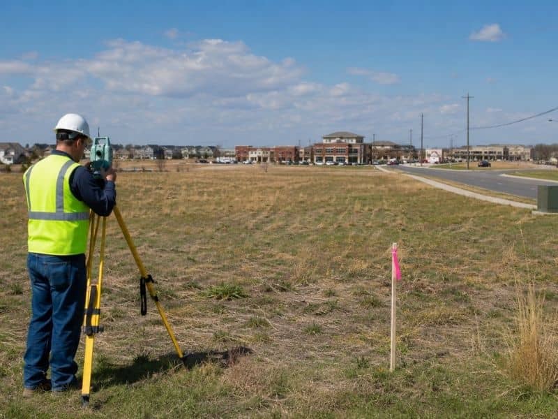 Surveyor marking an annexation boundary on open acreage near a city-limit sign, roadway, and municipal utility corridor