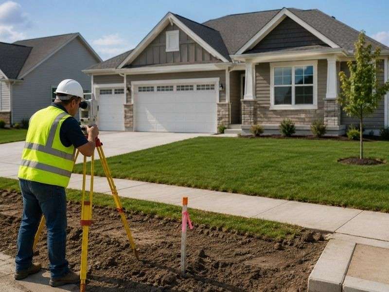 Land surveyor verifying a boundary marker beside a newly completed home in a residential subdivision.