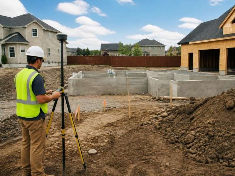 land surveyor using GPS equipment during residential construction layout in mckinney texas