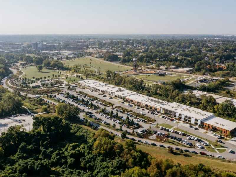 ALTA survey view of an office campus with shared roads parking and mixed use redevelopment areas in McKinney Texas