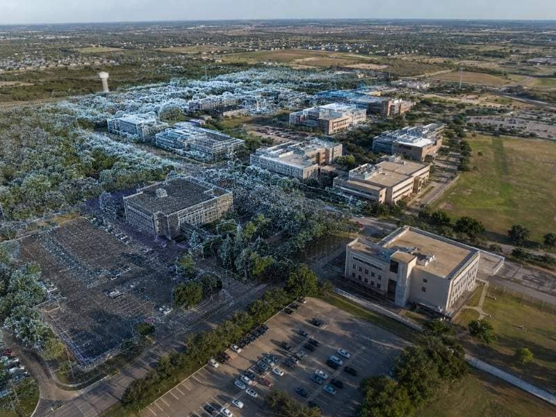 LiDAR mapping of a large campus redevelopment site in McKinney Texas showing buildings roads parking areas and existing conditions