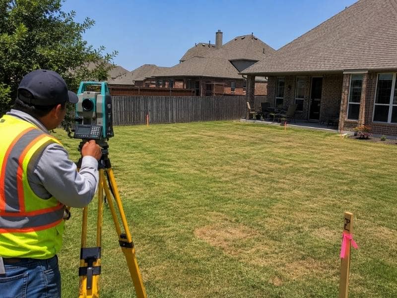 Boundary Survey for backyard pool planning with a land surveyor measuring property limits in McKinney, Texas.